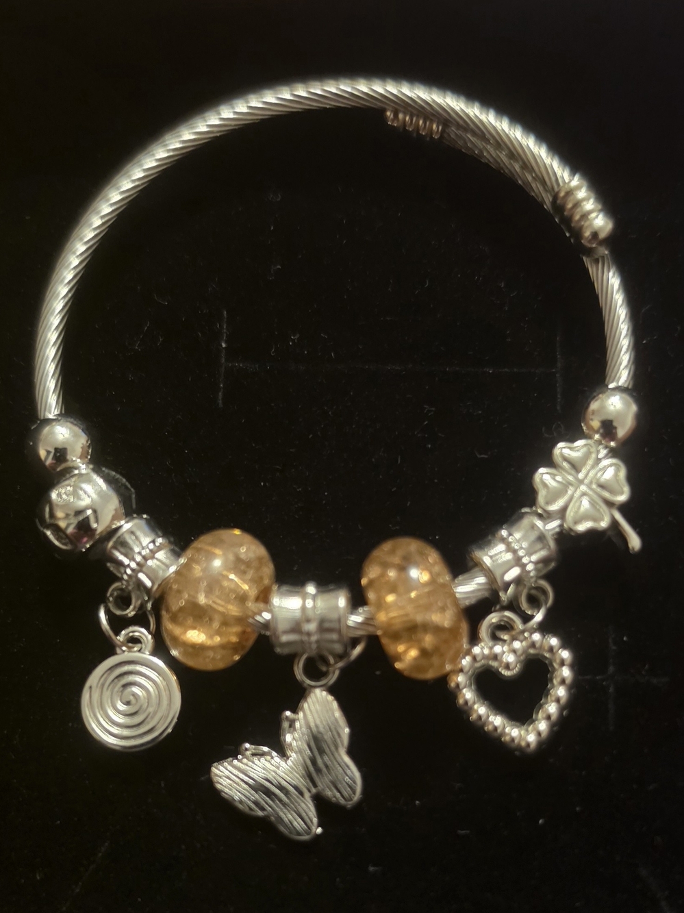 Silver Charm Bracelet with Amber Beads and Heart, Butterfly & Clover Charms